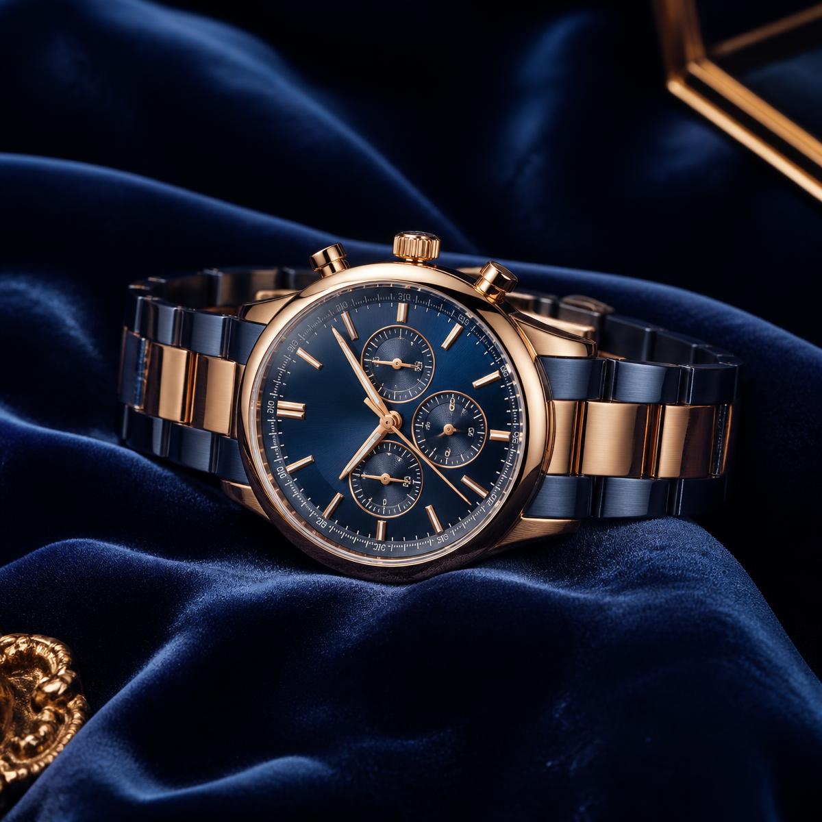 Blue and rose gold chronograph watch